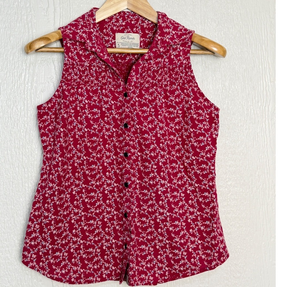 Old Ranch Womens Red Floral Sleeveless Button Down Cotton Top Small Smocked Back